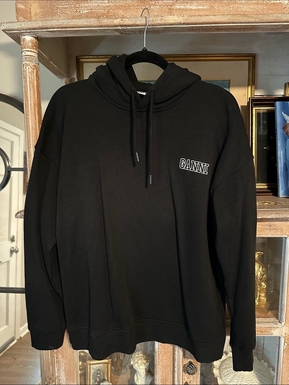 Ganni Black Pullover Hoodie with White Logo